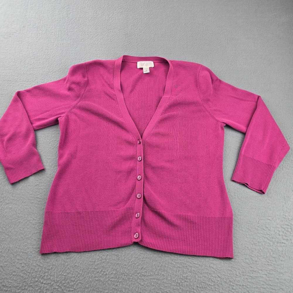 LOFT Modern Cardigan Sweater Womens Small Pink Pima Cotton Tight Knit V Neck
